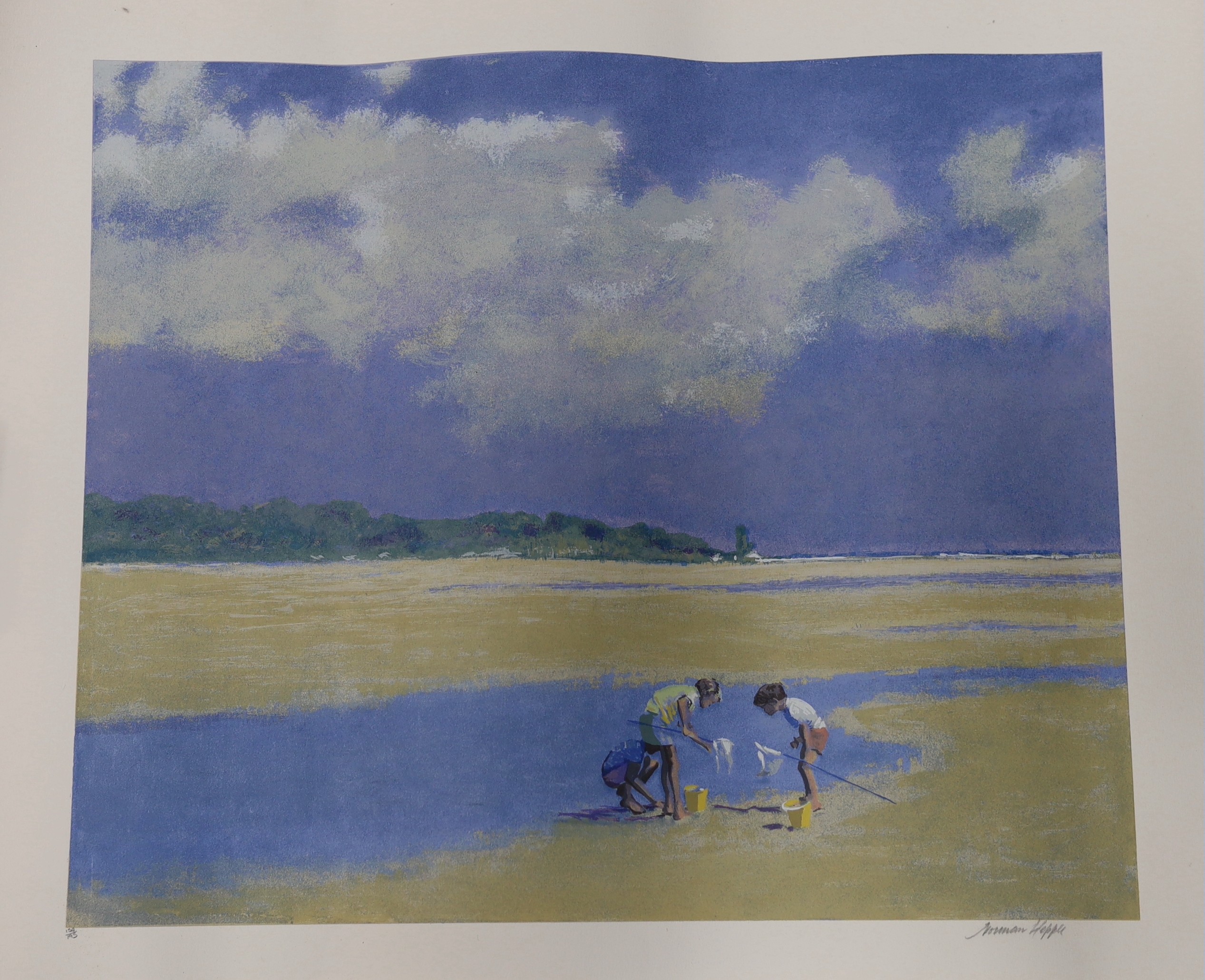 Norman Hepple and Robert Buhler, four limited edition prints, three by Hepple, Seaside scenes and one by Buhler, Venetian scene, largest overall 75 x 100cm, unframed